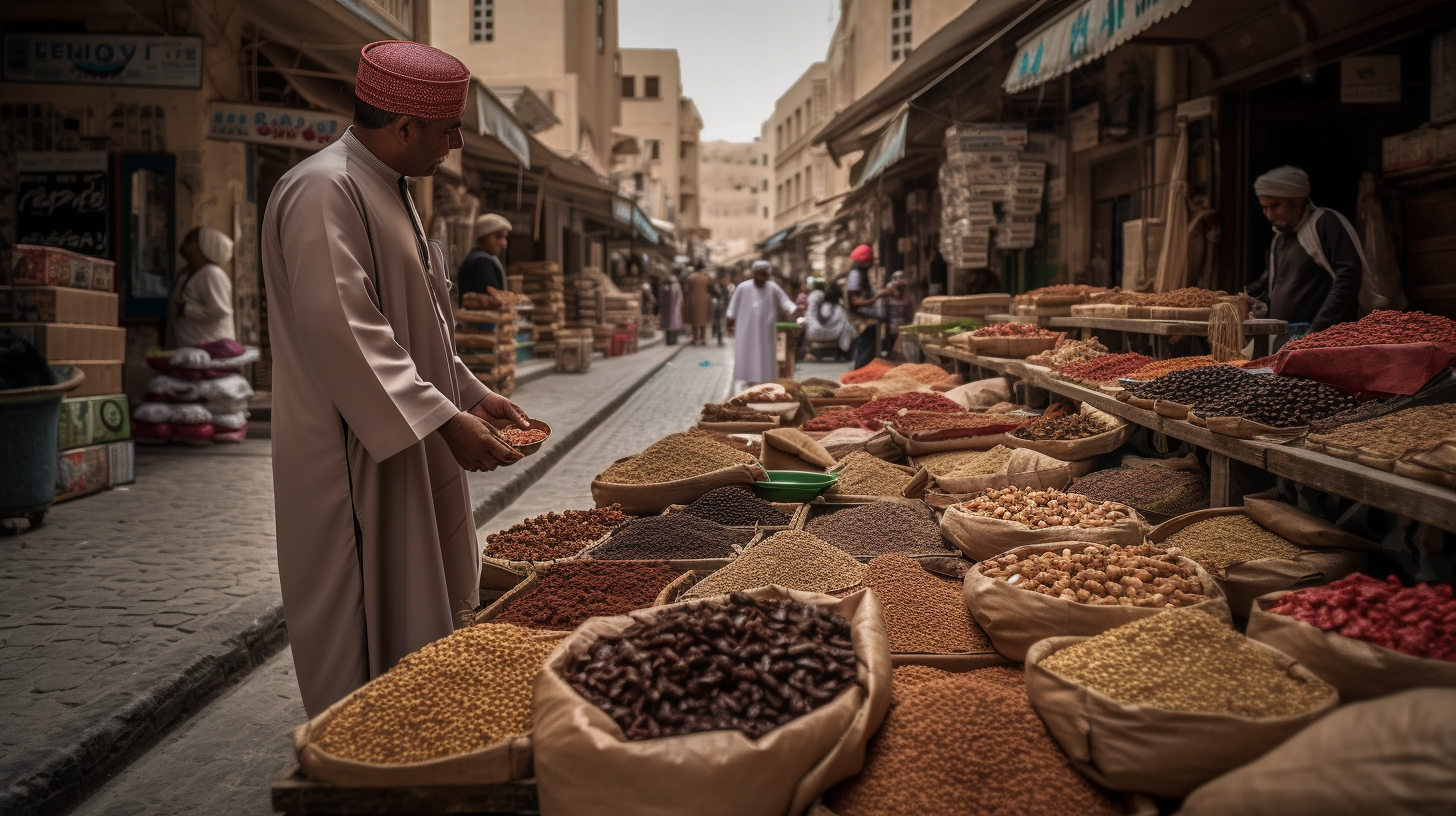 Colorful display of spices and textiles in Madha Oman