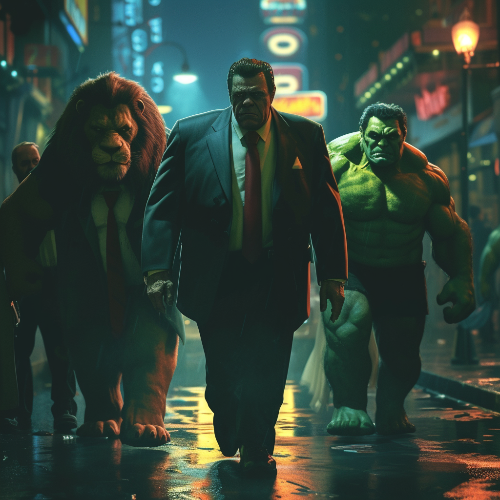 Mafia King Jimmy Hoffa walking with Hulk and Lion