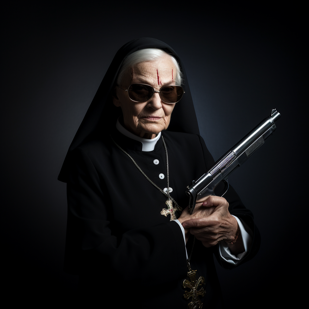 Image of a nun dressed as a mafia boss