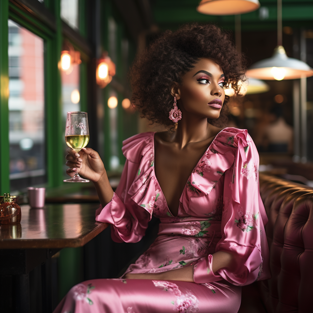 Stylish African American fashion model drinking at a bar.