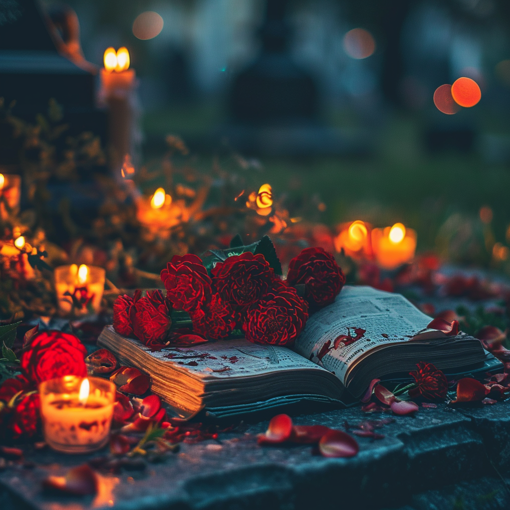 Magazine on pages with red flowers and evening sky