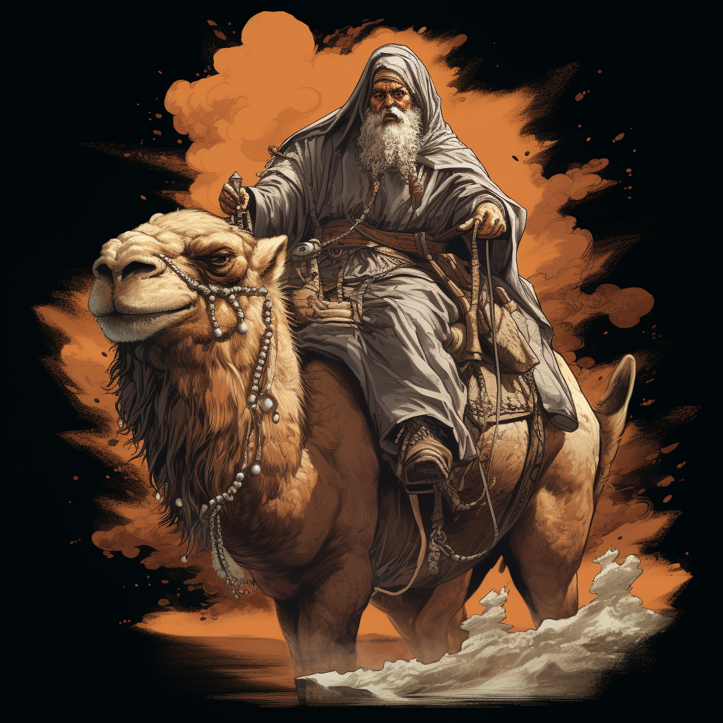 Hooded evil mage riding a camel