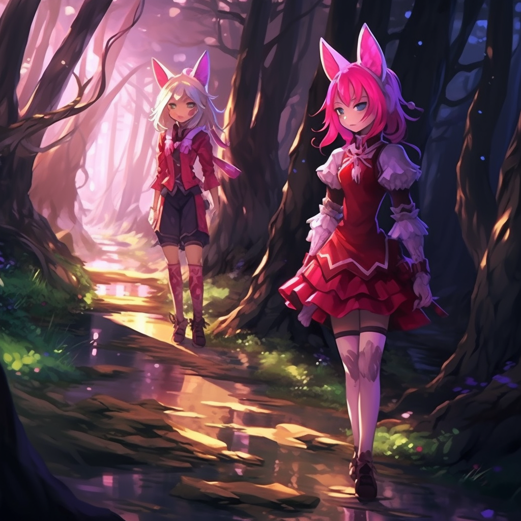 Cute anthro wolf and bunny walking in forest