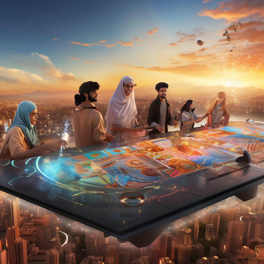 Group of people riding on magic carpet over cityscape