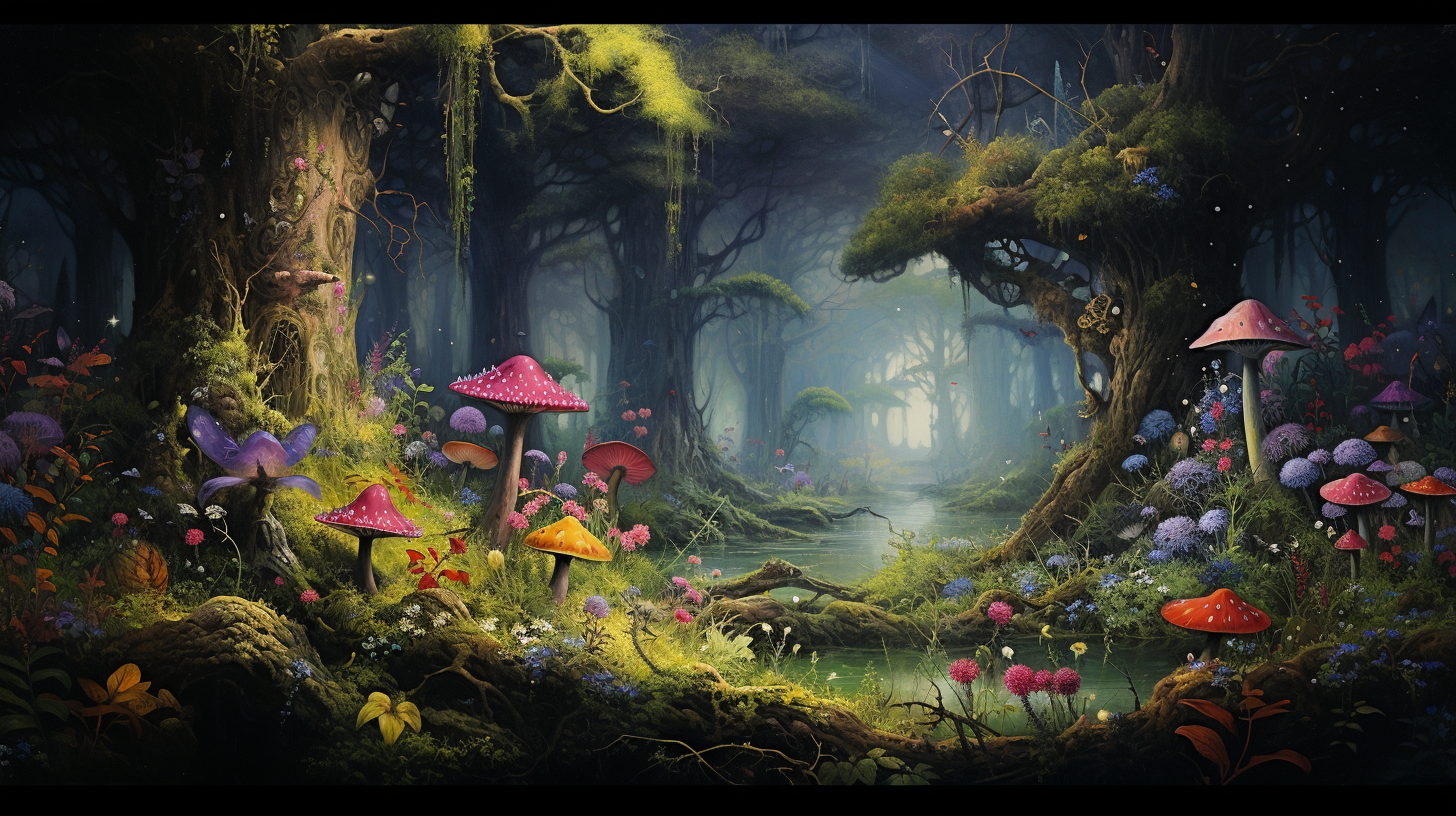 Dreamy magic forest with royal colors