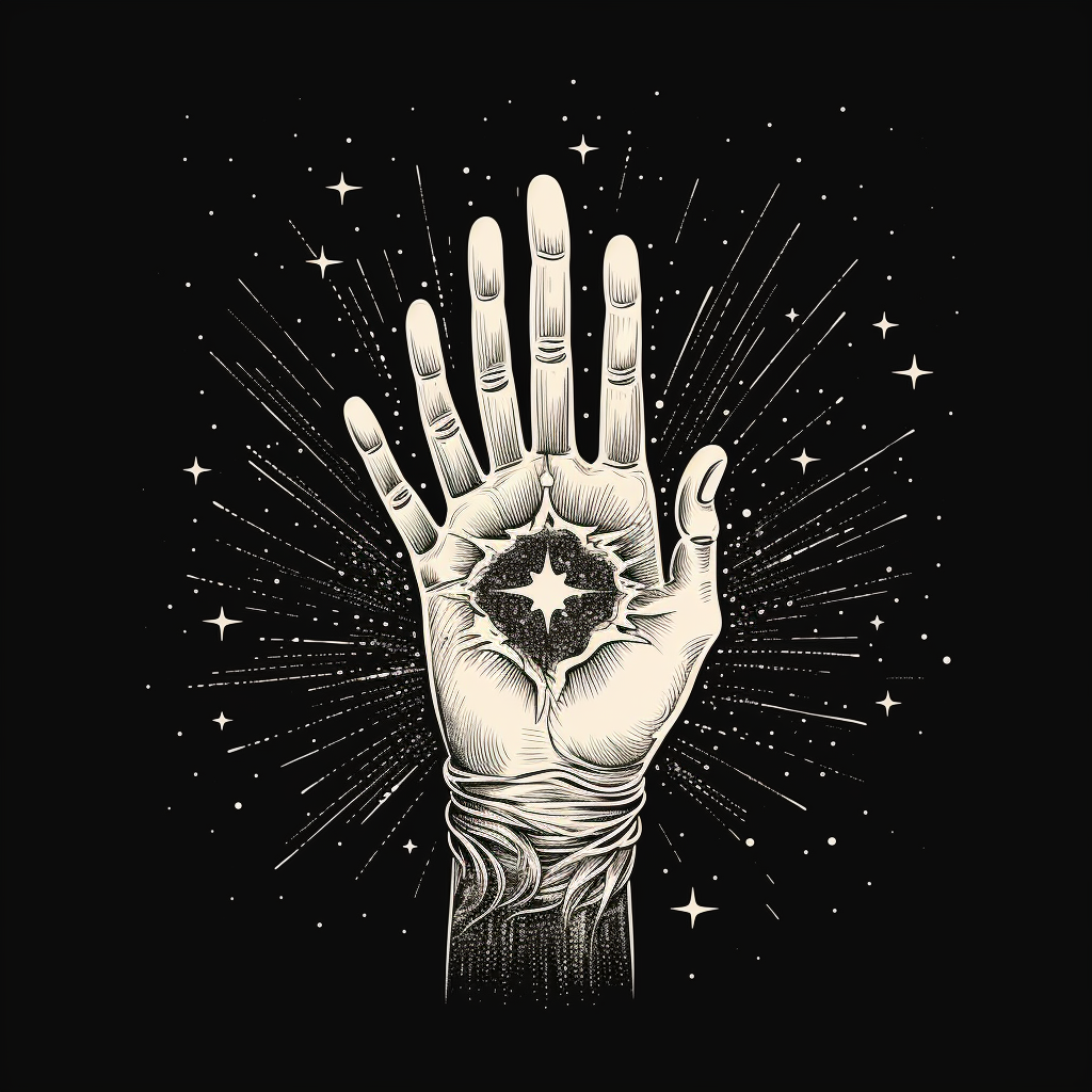 Drawing of a magical hand with stars