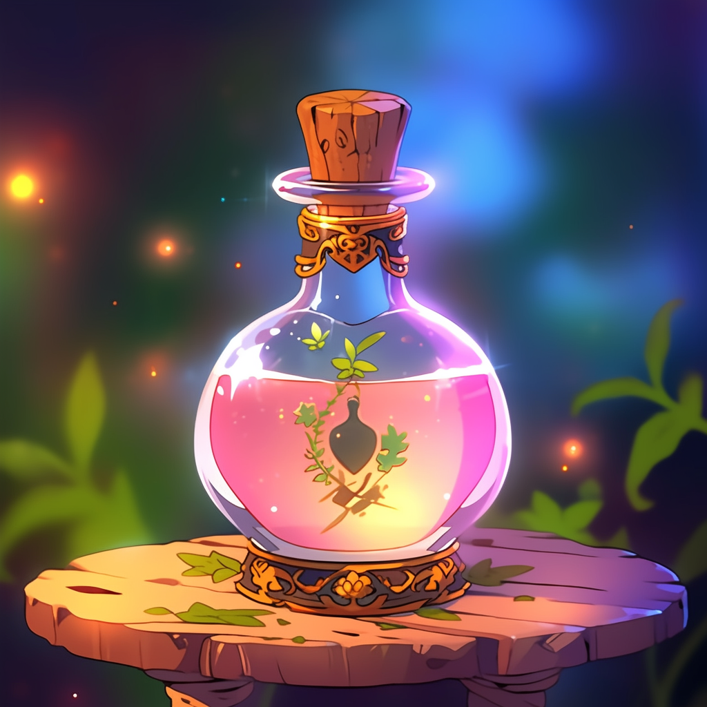 Brightly lit magic healing health potion on table