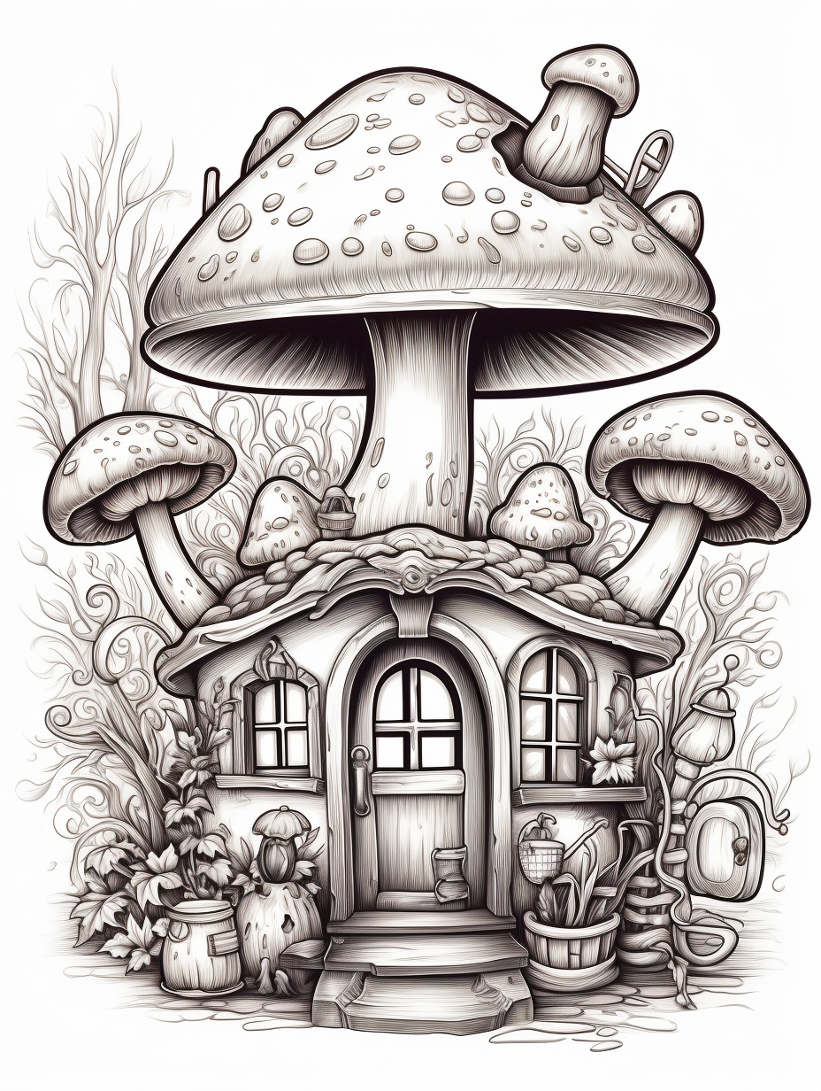 Magical mushroom storefront coloring book illustration