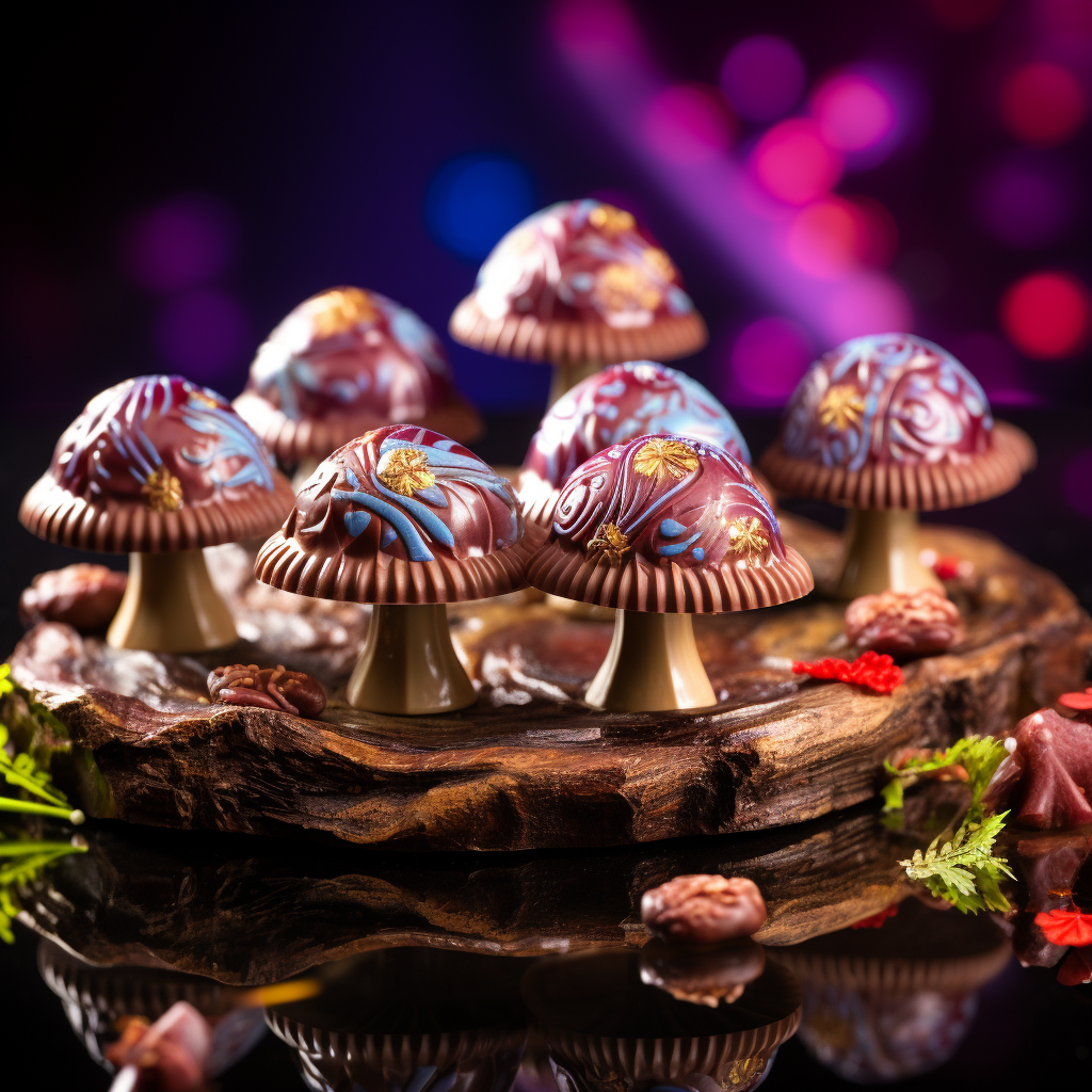 Delectable magic mushroom chocolates in colorful packaging