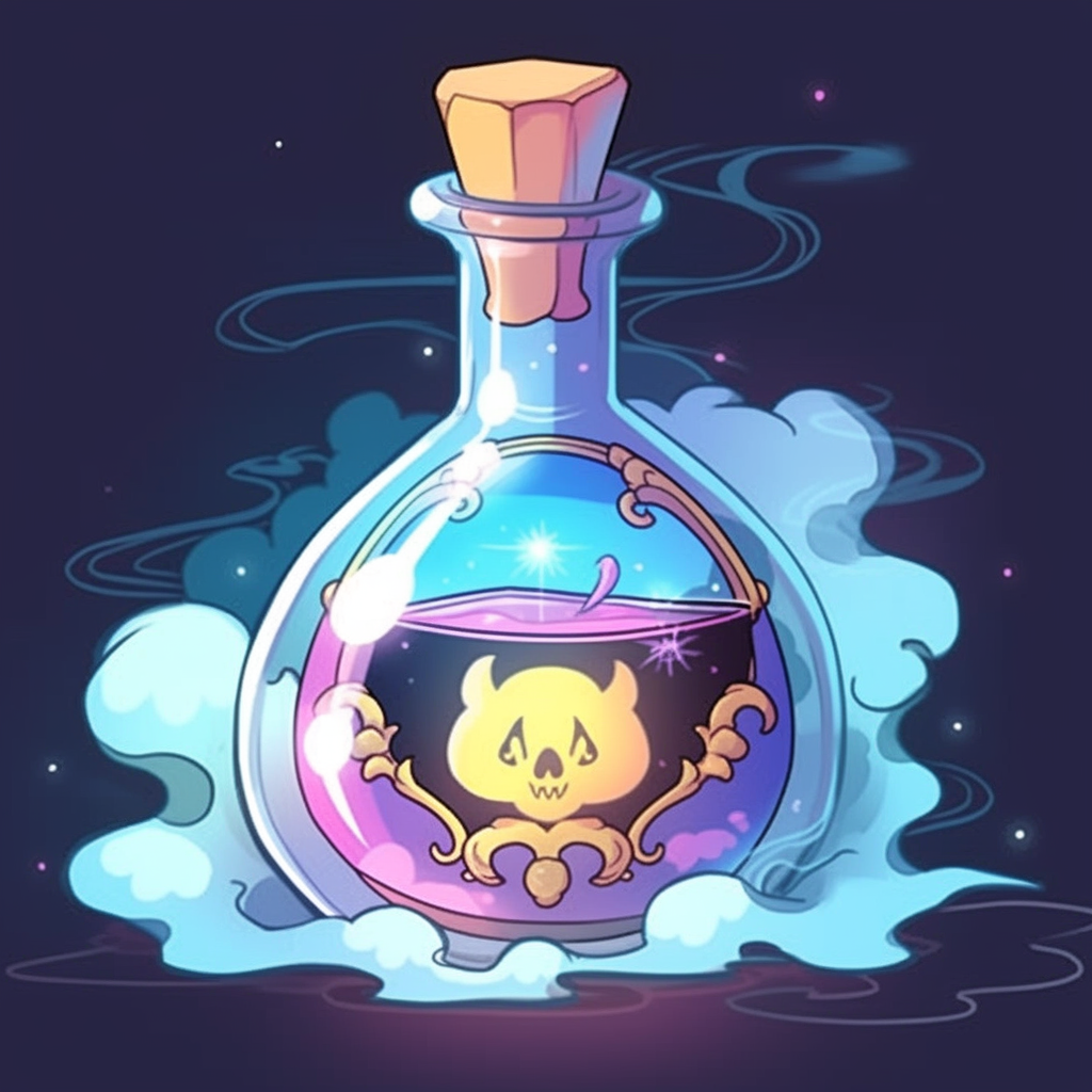 Illustration of a magical potion with a cat symbol