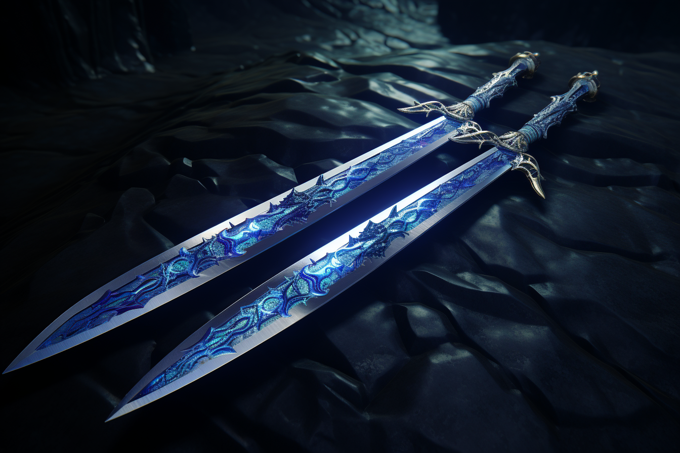 3D magic sword Excalibur in dark blue landscape