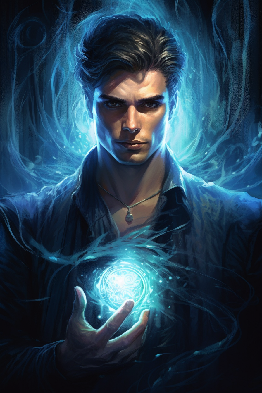 Handsome man with blue magical energy