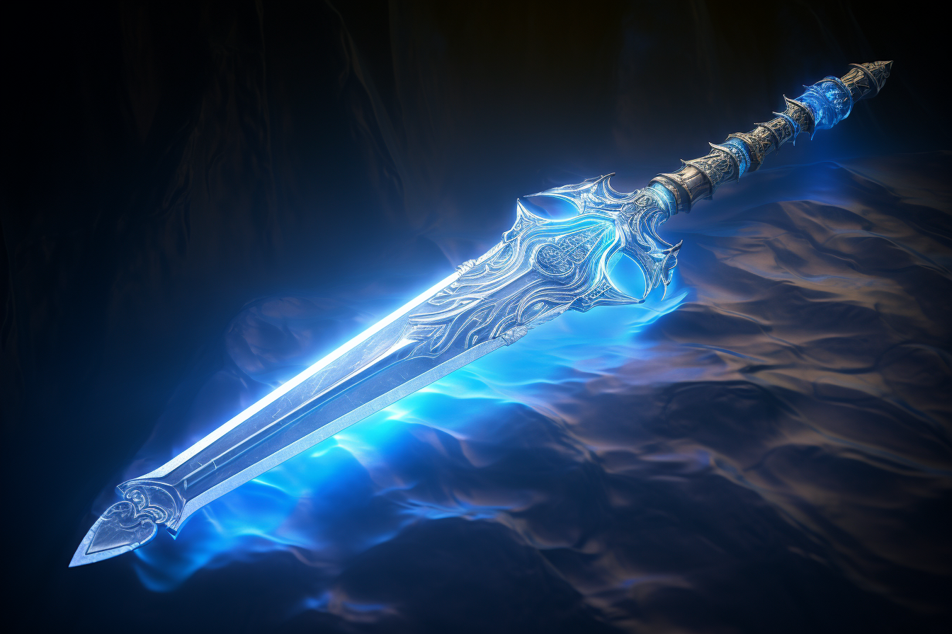 3D magic sword Excalibur in dark blue landscape