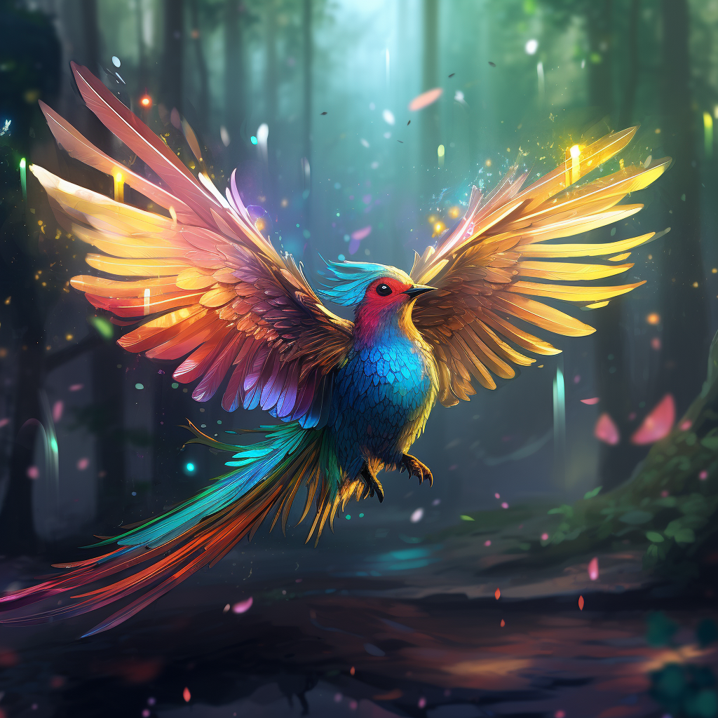 Fantasy bird with glowing rainbow wings flying