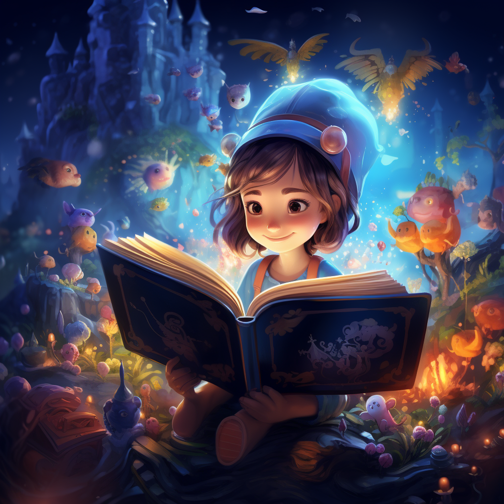 Cartoon girl with magical book for adventures