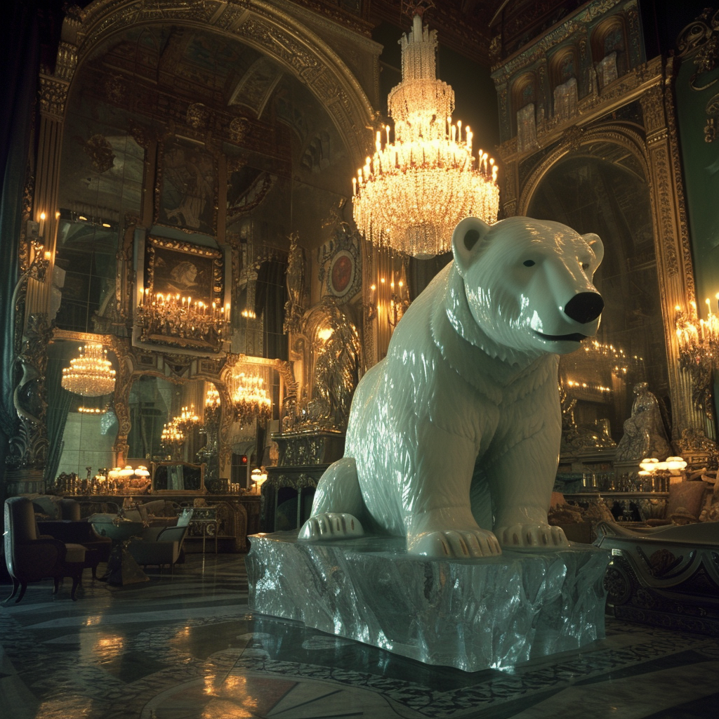 Polar Bear Guarding Amphora with Crystals and Stones