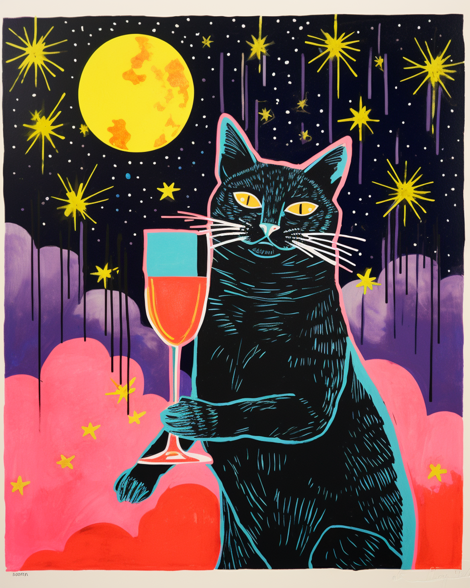 Imaginative risograph of a cat holding a glass of wine