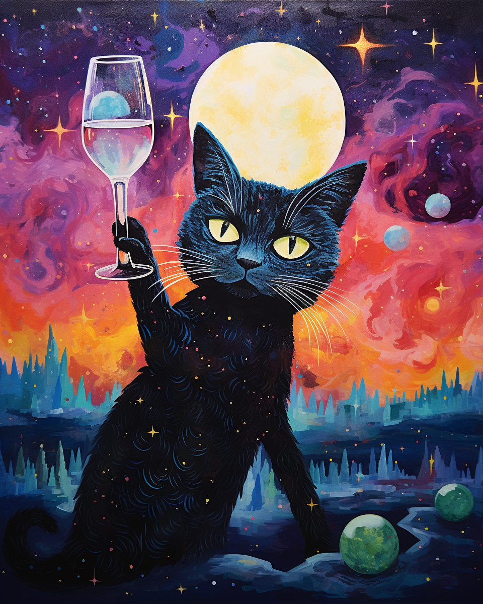 Magical cat holding wine glass on disintegrating platform