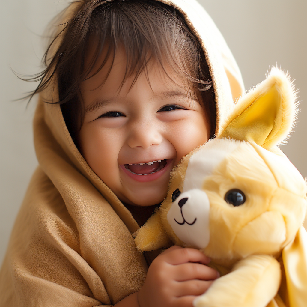 Cute creature with happy expression and toy