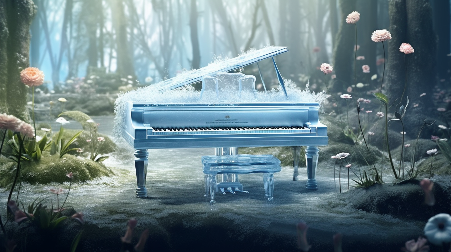 Crystal piano on serene backdrop