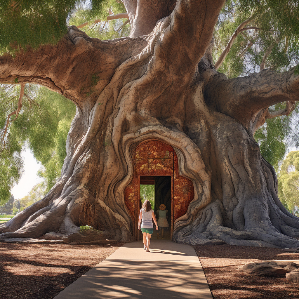 Happy mother and daughter by magical tree door