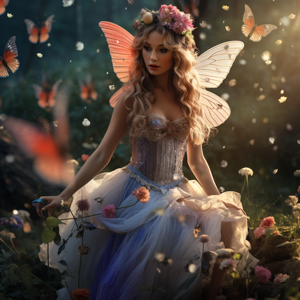 Beautiful fairy surrounded by mushrooms and wildflowers