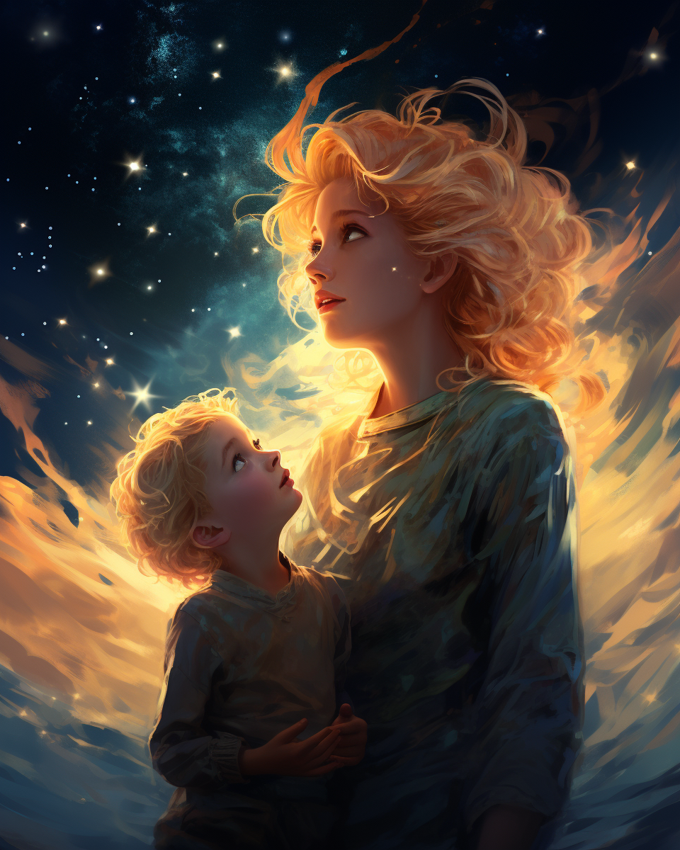 Young blond boy and giant mommy stargazing together