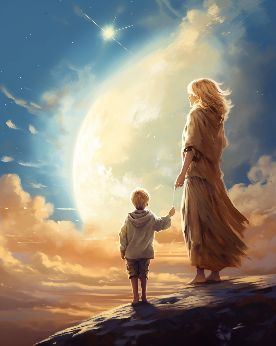 Young blond boy and giant mommy looking up at the moon