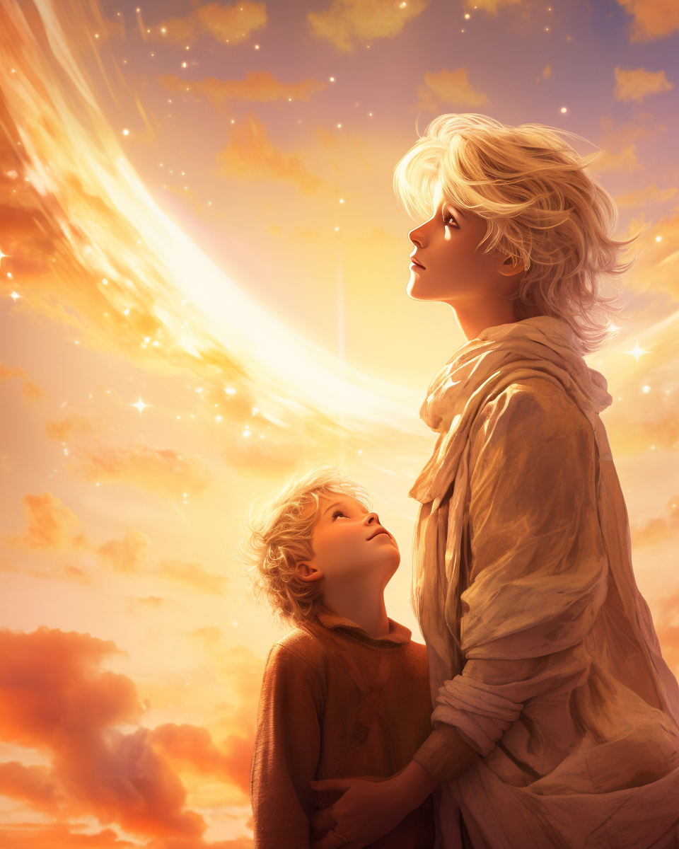 Young blond boy and mommy looking at the moon