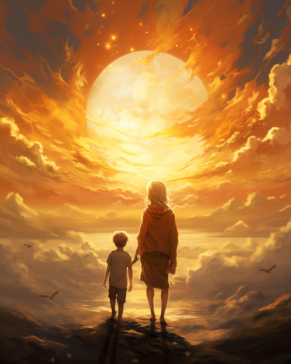 Young blond boy and his giant mommy in the clouds