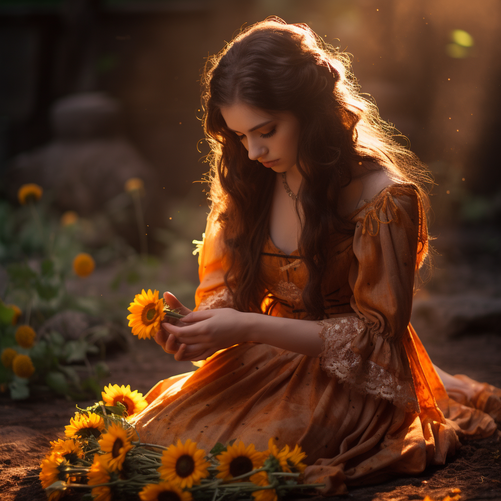 Woman casting magic with sunflowers