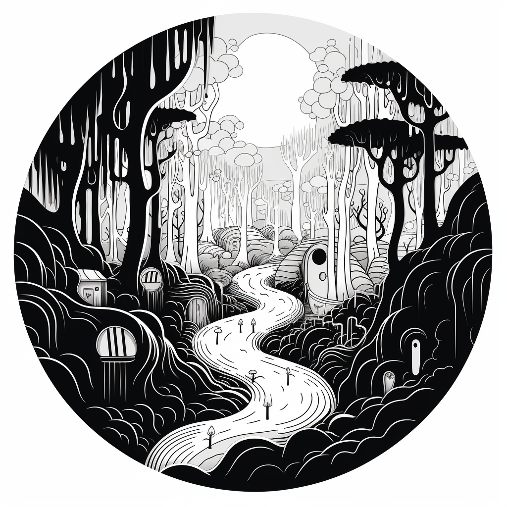 Black and white illustration of magical forest with caves