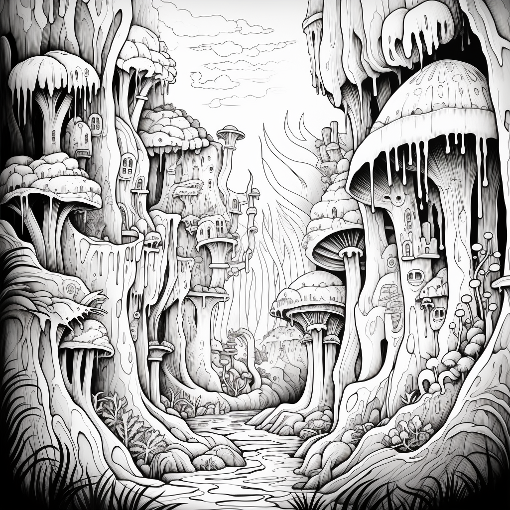 Black and white magical forest with caves