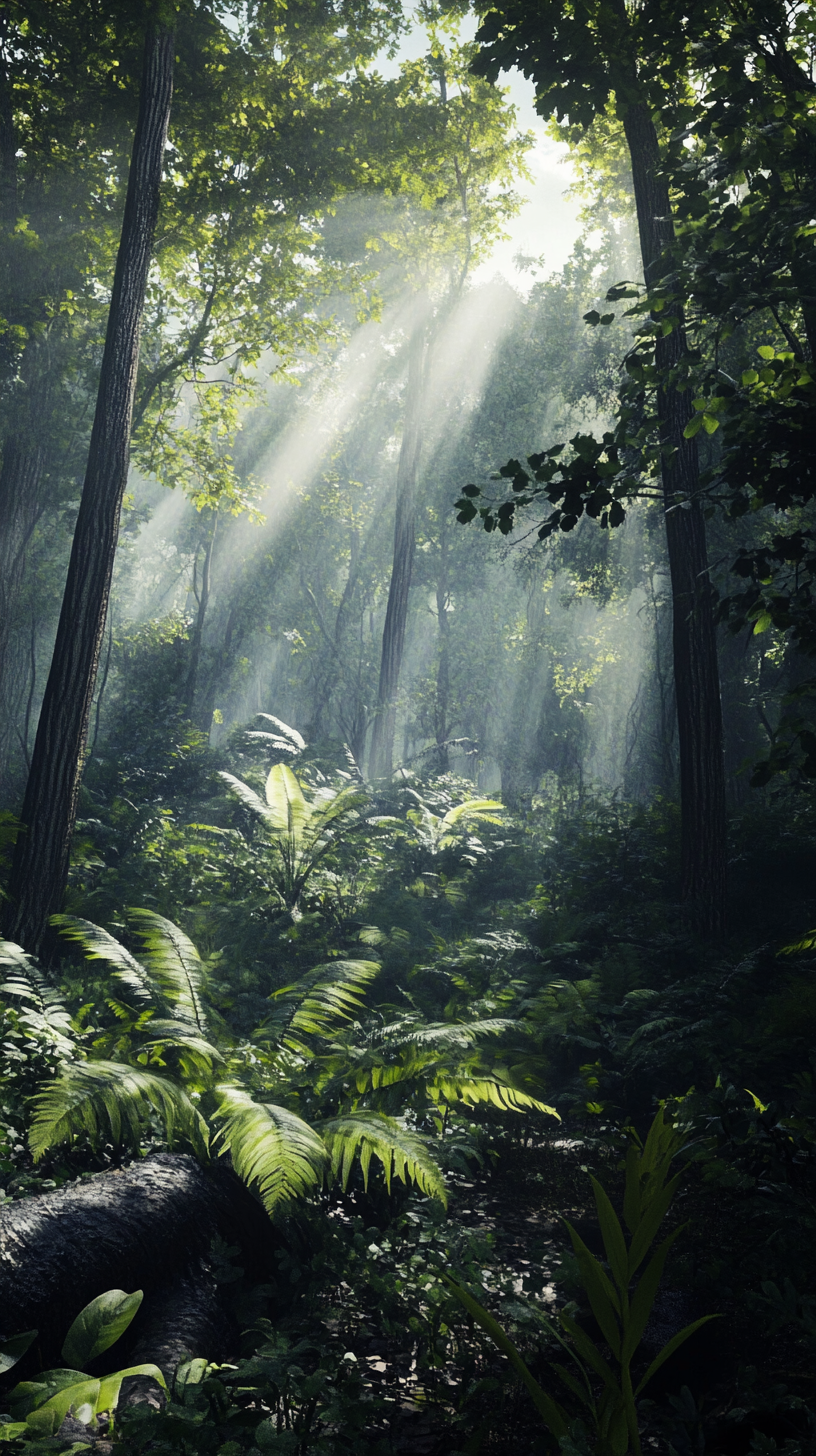 Enchanted forest with light rays