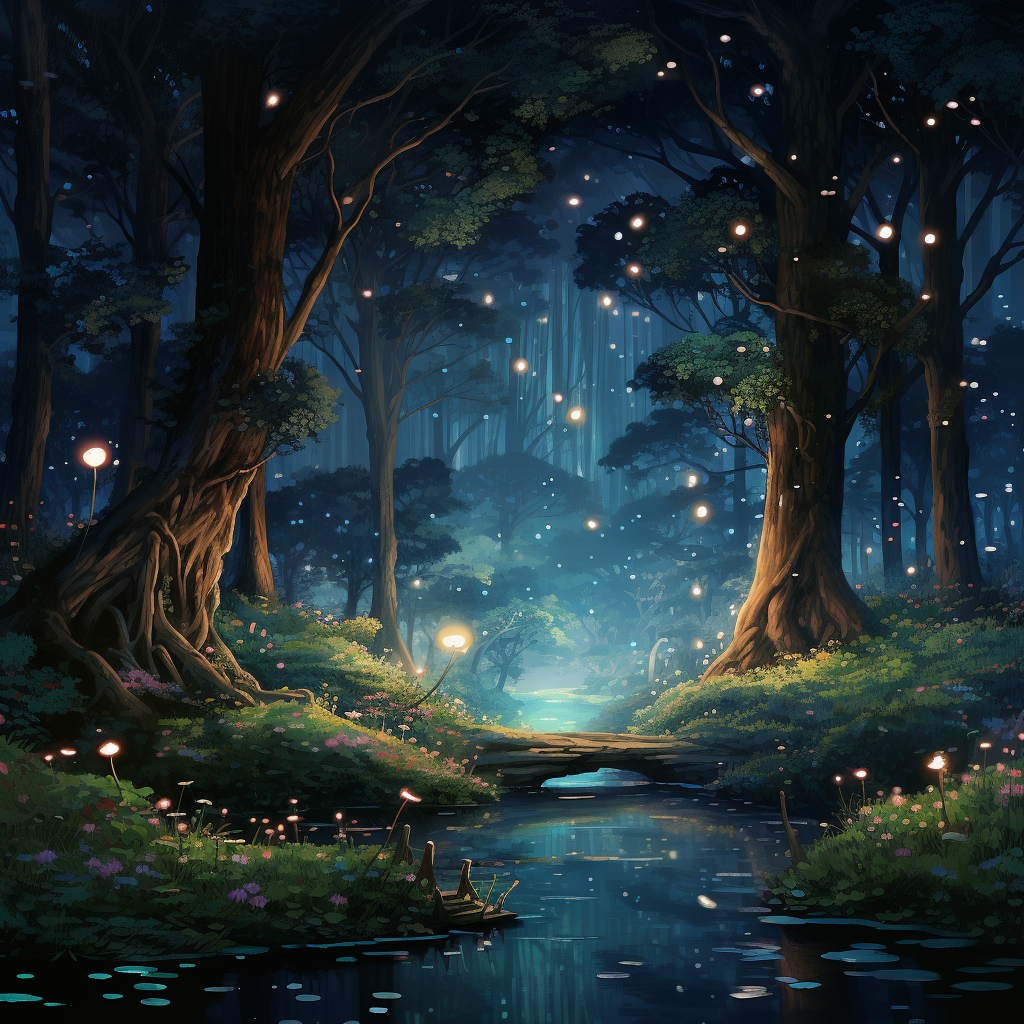 Stunning Nighttime Forest Illustration in Ghibli Style