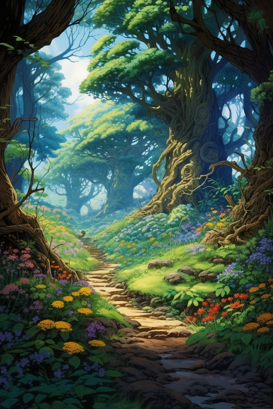 Enchanting scene of magical forest town with elves and fairies