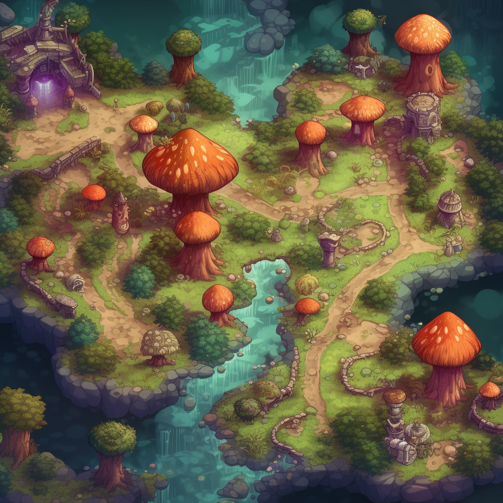 Top-down game map of magical mushroom land