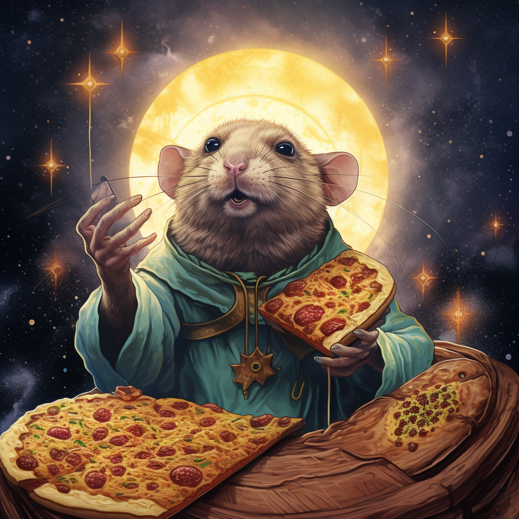 Illustration of a Magical Rat Praying to Geometric Pizza Slices