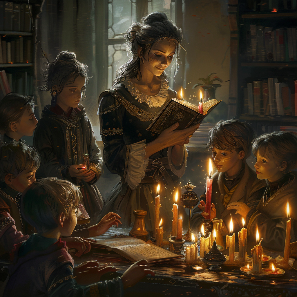 Magical teacher with students and books