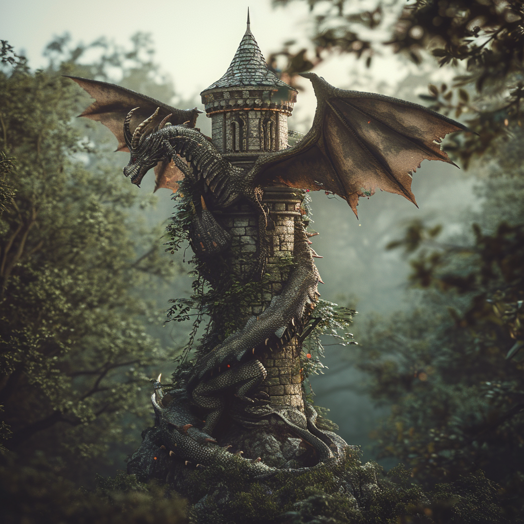 Magical Tower in Deep Forest with Cinematic Dragon