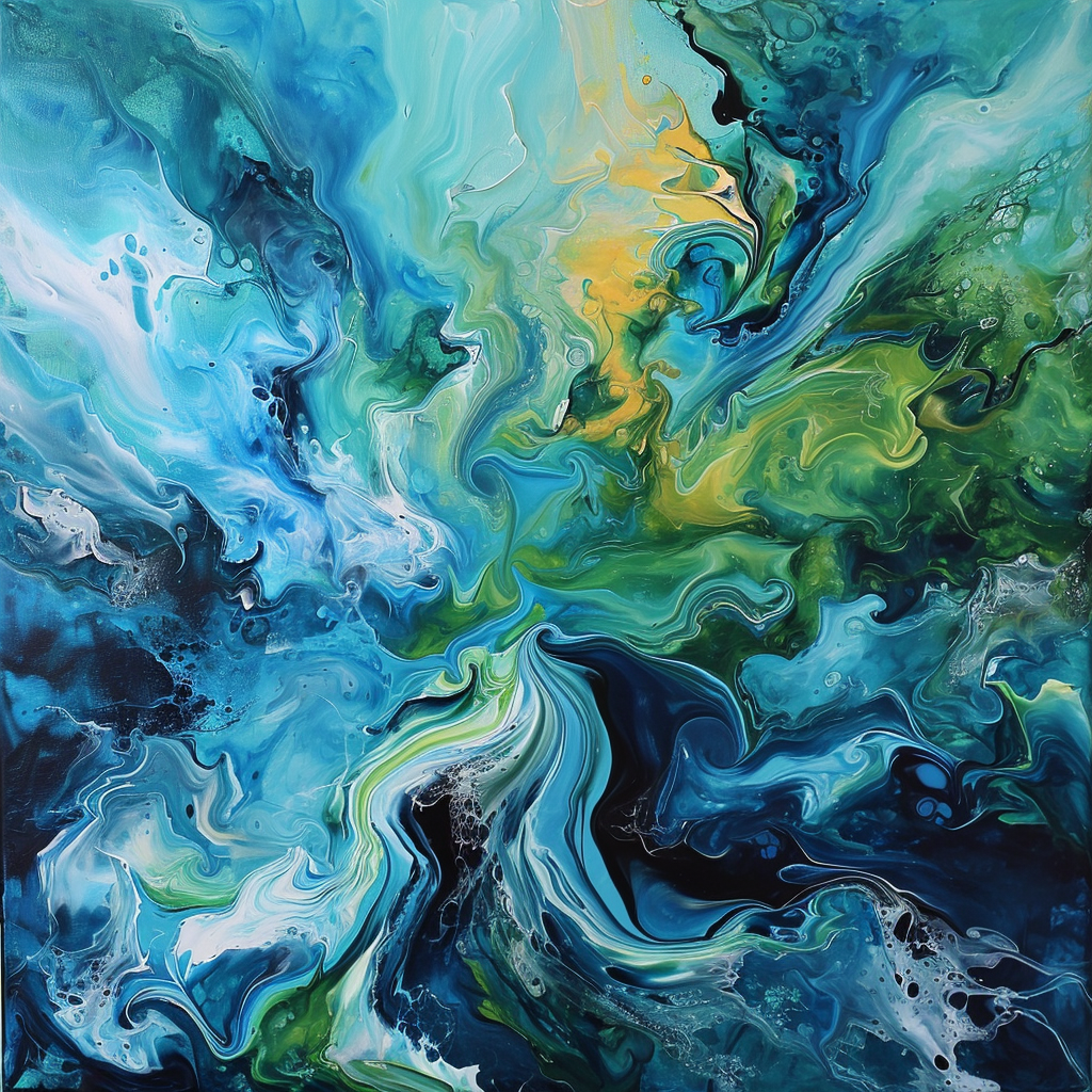 Abstract painting with blue and green swirls