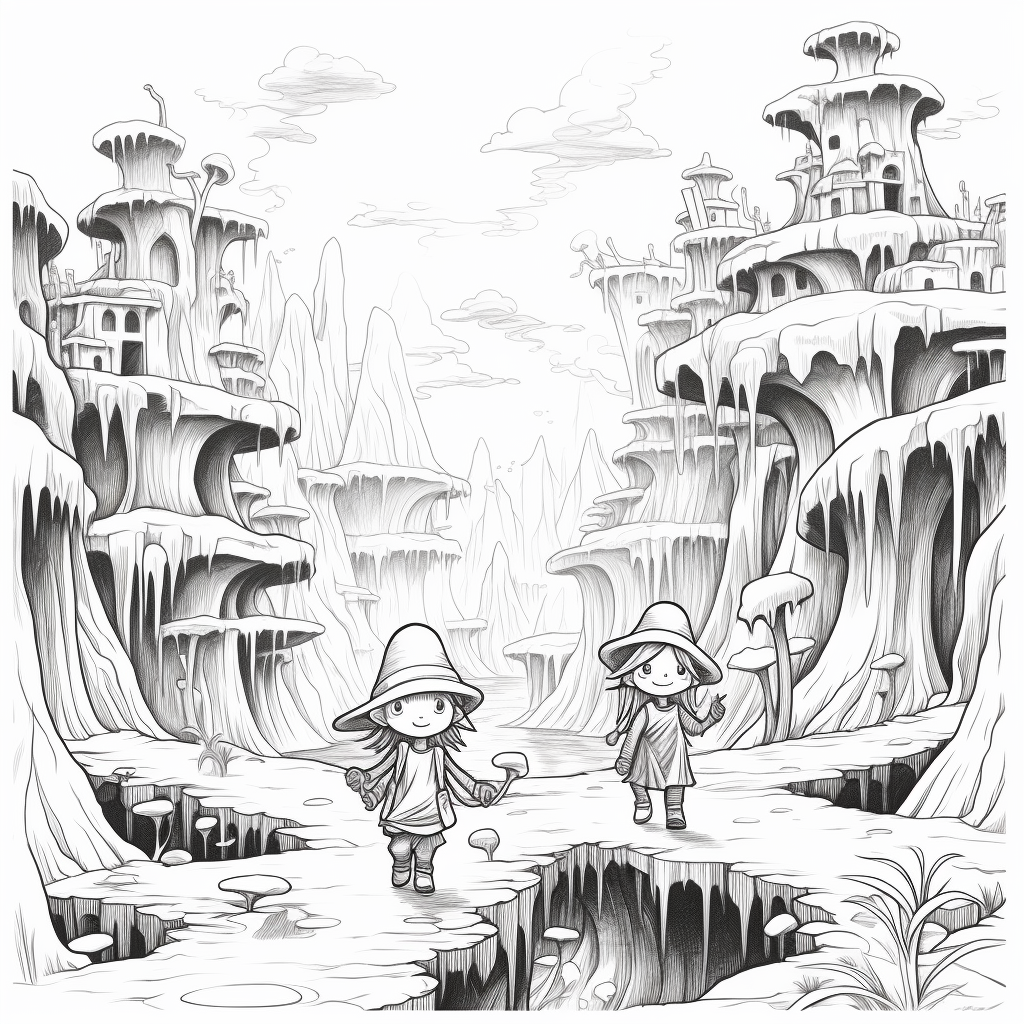 Cartoon style witch exploration in magical canyon