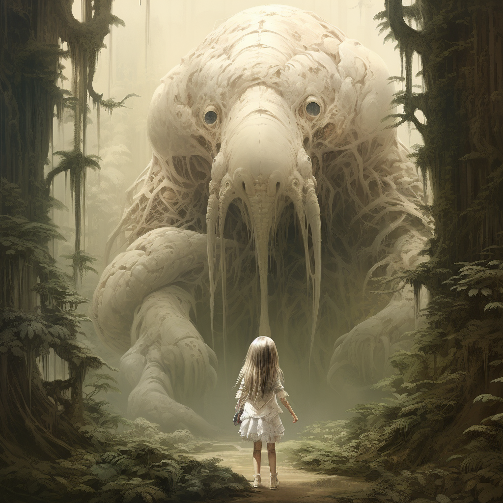 Giant in Magical Forest with Little Girl