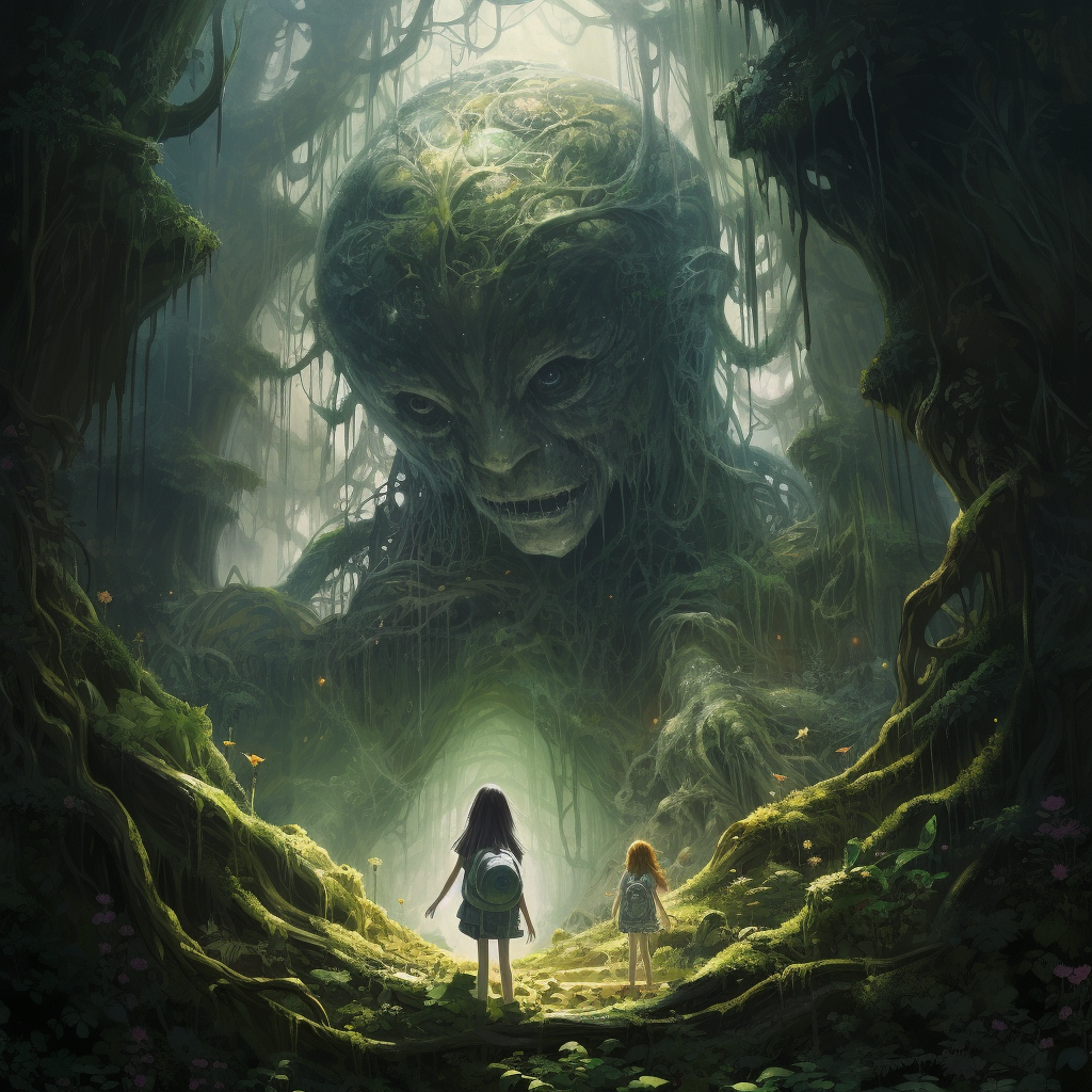 Giant in enchanting forest with girl