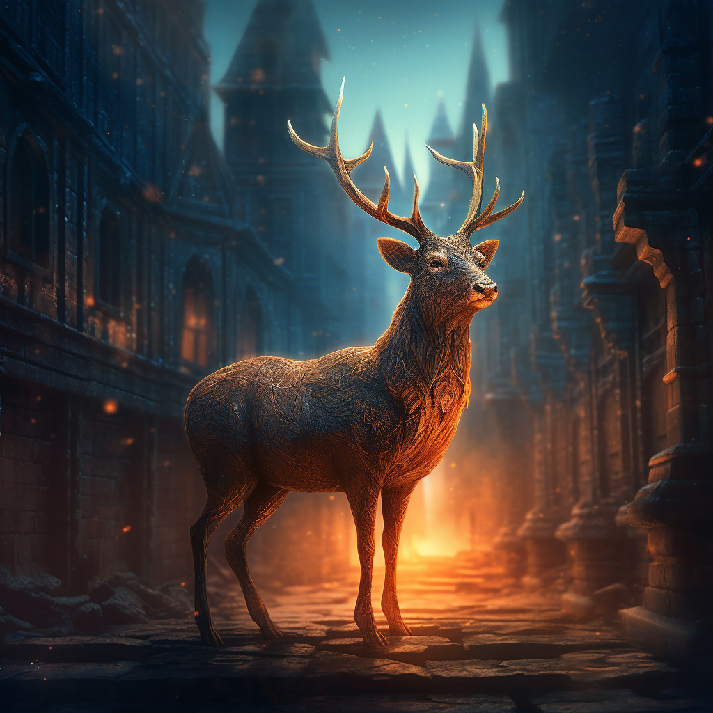 Glowing magical holy deer building fantasy wall