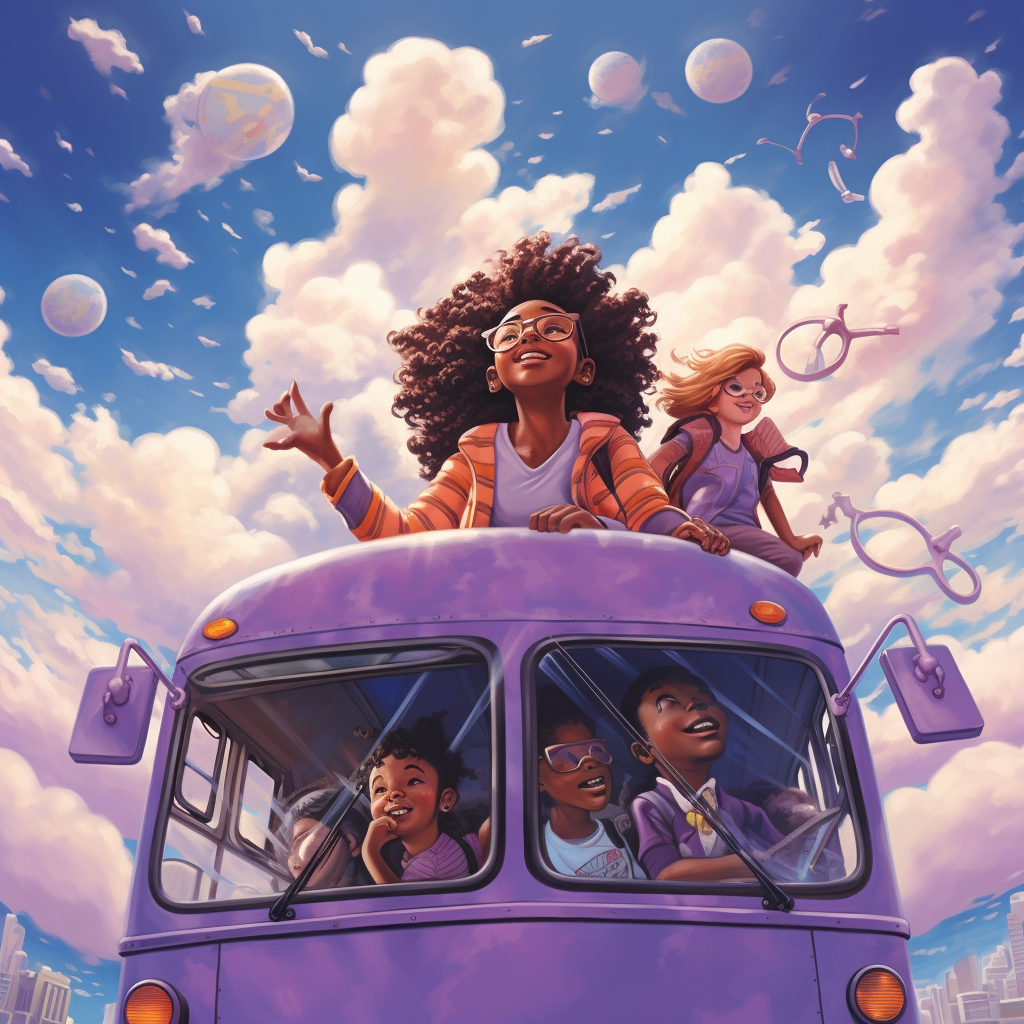 Excited multicultural children on magical bus