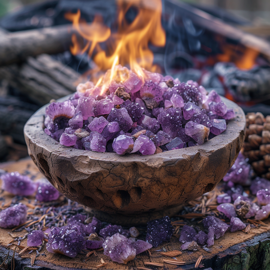 Magical Witch Amethyst Crystals in Woods with Cauldron