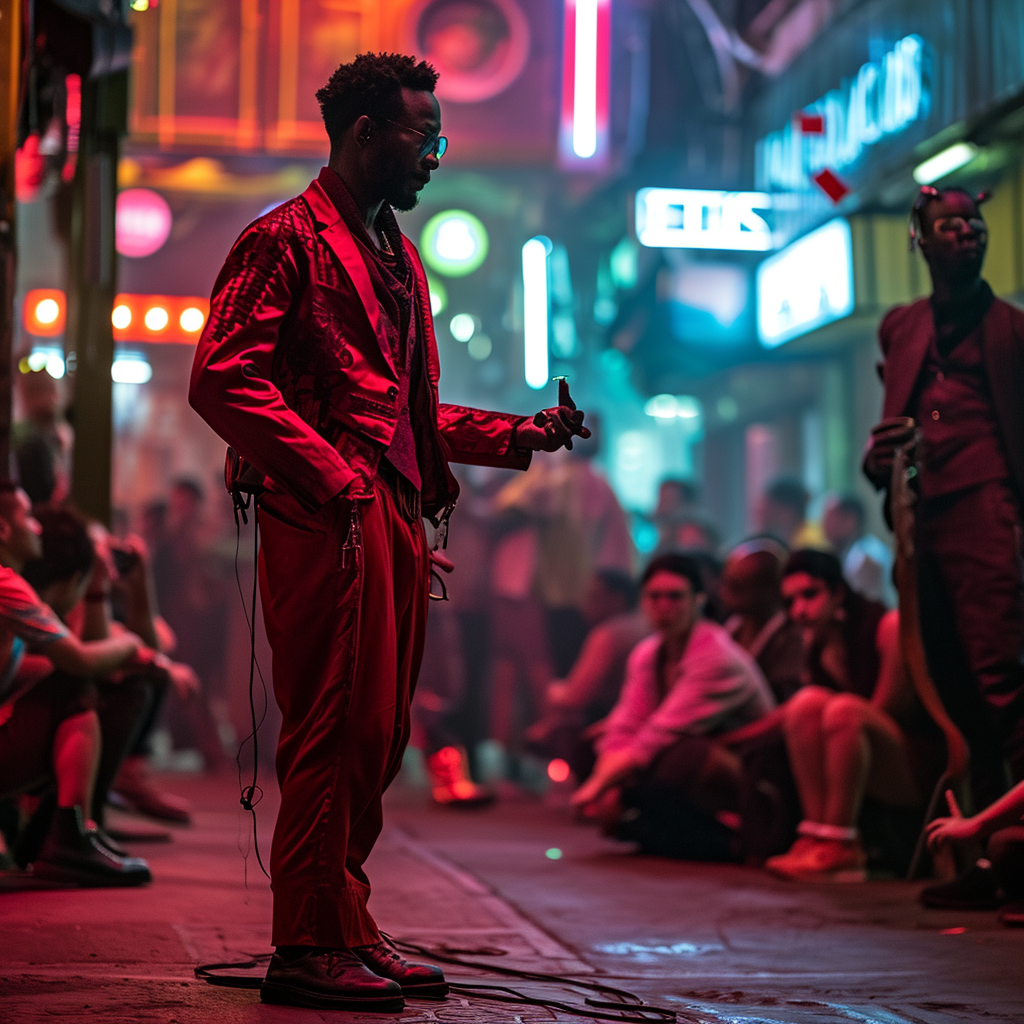 Magician performing street magic in cyberpunk setting