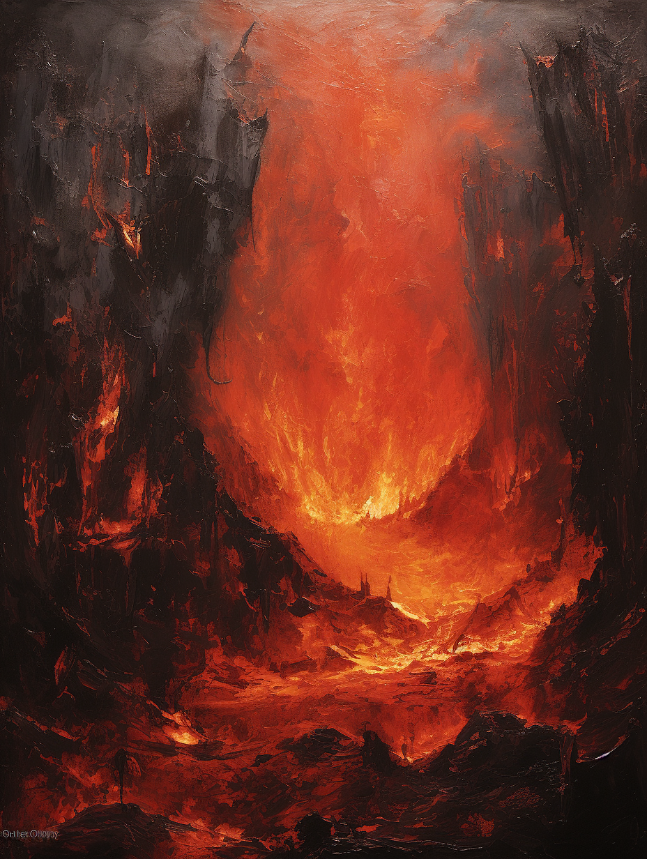 Acrylic painting of magma cavern forge