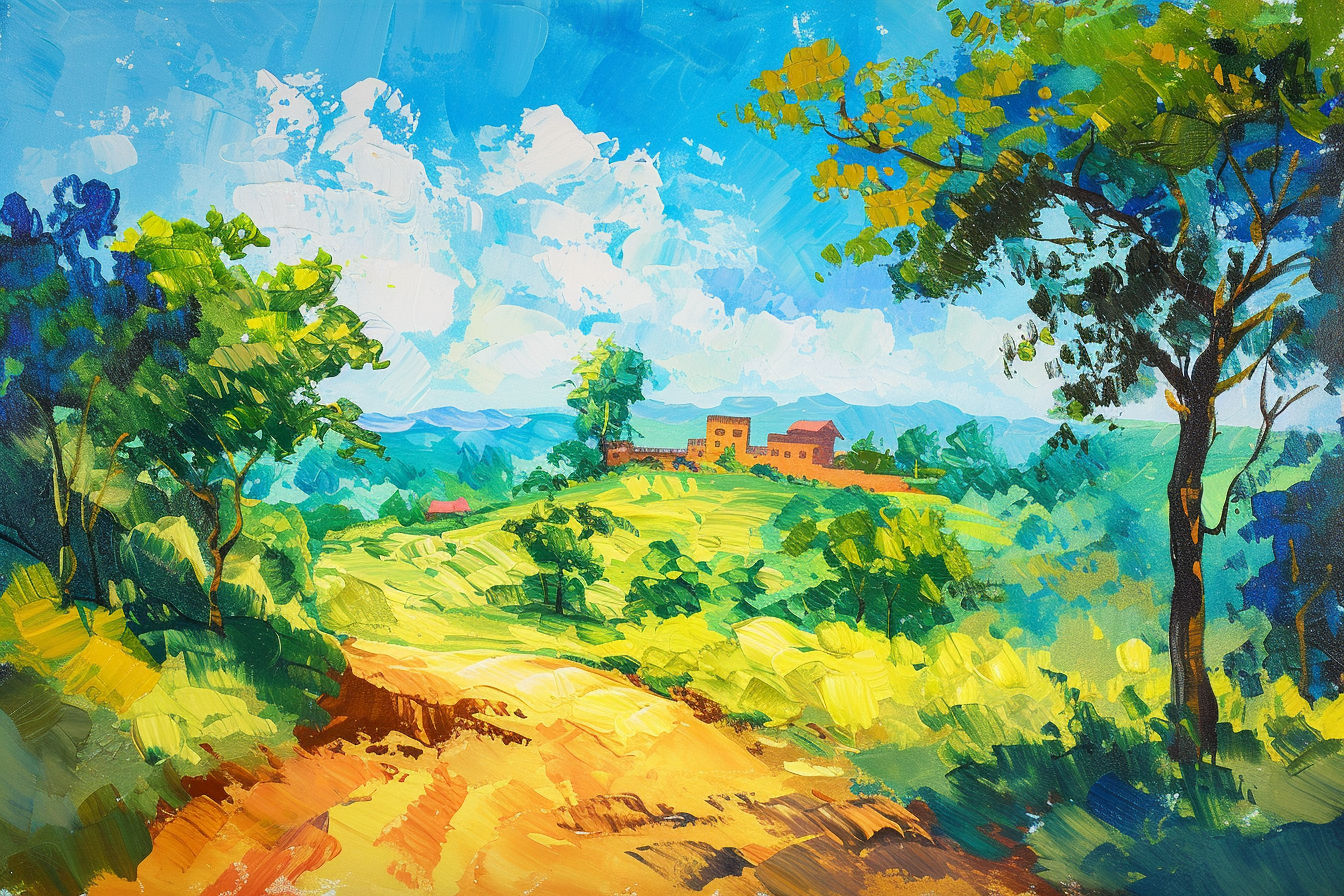 Painting of Mahasthangarh with Blue Sky and Joyful Colors